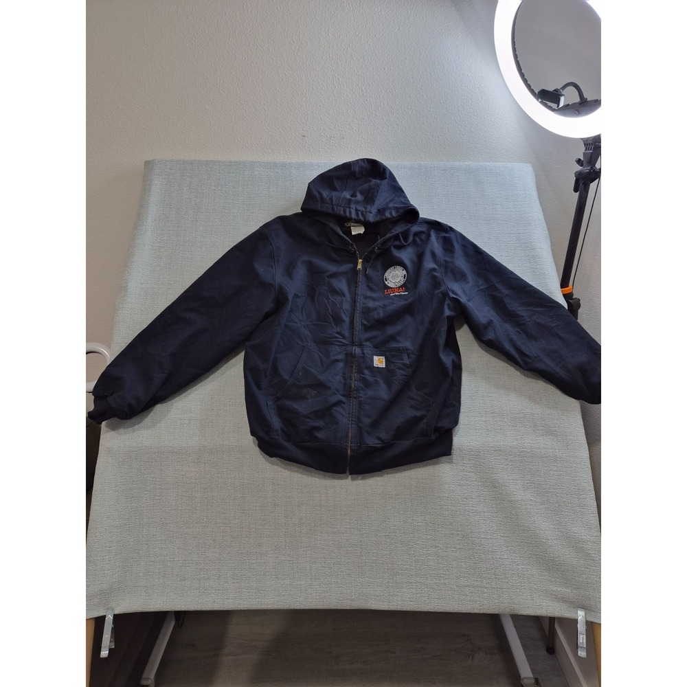 Carhartt Firm Duck Active Jacket Men XL Navy Blue Thermal Lined Hooded Loose Fit